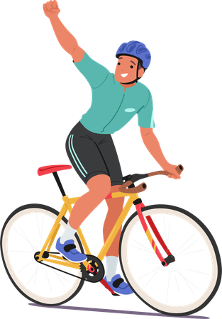 Ciclista anda en bicicleta con gesto confiado de puño arriba  Ilustración