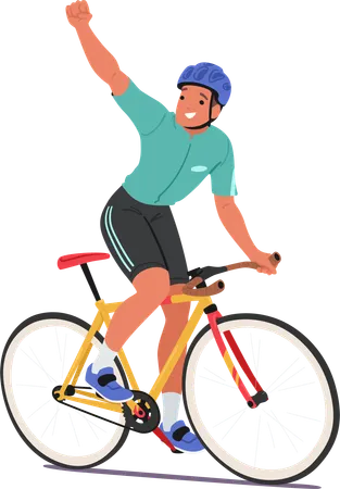 Ciclista anda en bicicleta con gesto confiado de puño arriba  Ilustración