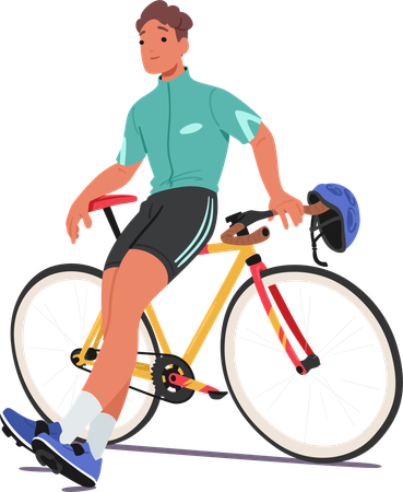 Ciclista cansado de pie con bicicleta  Ilustración