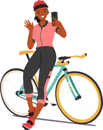 Ciclista femenina tomando foto de victoria  Ilustración