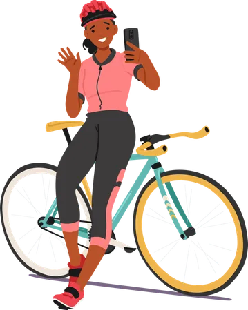 Ciclista femenina tomando foto de victoria  Ilustración