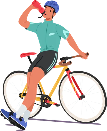 Ciclista masculino bebendo água fria  Ilustração