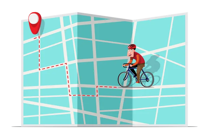 Os Ciclistas Correm Com Suas Bicicletas Ate Seus Destinos Na Cidade Usando O Mapa Para Navegar Atleta De Bicicleta Utilizando Mapas E Navegacao GPS Para Chegar Ao Seu Destino Sem Se Perder Ilustracao Vetorial Ilustração