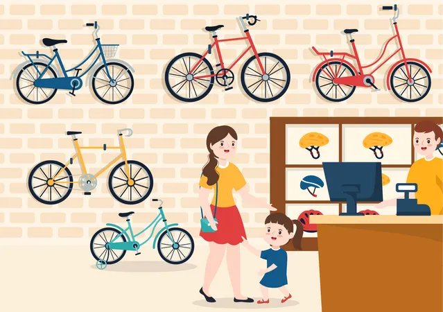 Loja De Bicicletas Com Compradores Pessoas Escolhendo Bicicletas Acessorios Ou Equipamentos Para Andar Em Modelo Desenhado A Mao Ilustracao Plana De Desenho Animado Ilustração