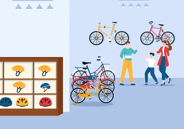 Loja De Bicicletas Com Compradores Pessoas Escolhendo Bicicletas Acessorios Ou Equipamentos Para Andar Em Modelo Desenhado A Mao Ilustracao Plana De Desenho Animado Ilustração