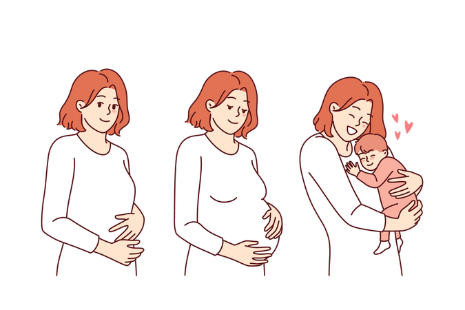 Ciclo de embarazo de una mujer delgada durante el período de concepción y después del nacimiento del bebé.  Ilustración