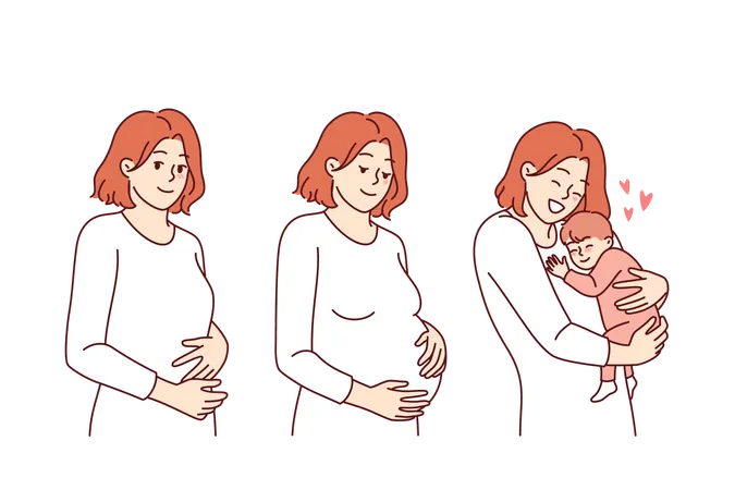 Ciclo de embarazo de una mujer delgada durante el período de concepción y después del nacimiento del bebé.  Ilustración