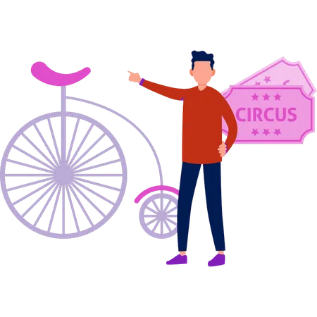 Menino de circo mostrando bicicleta  Ilustração