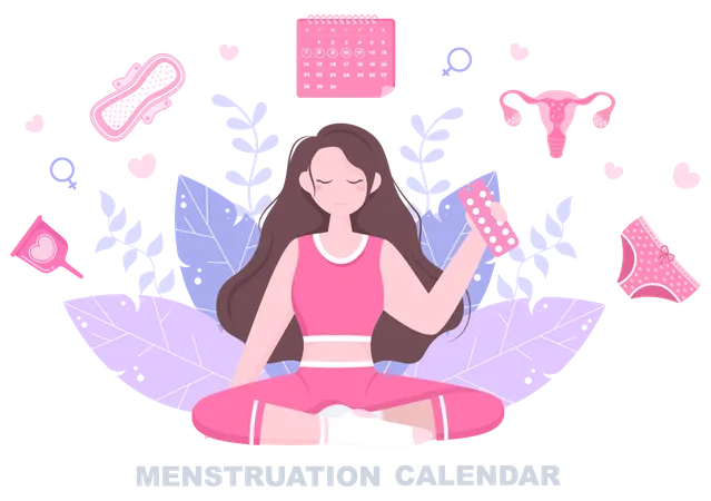 Calendario Do Periodo Menstrual Mulheres Para Verificar O Ciclo De Datas Ilustracao De Orgaos Reprodutivos Femininos Absorventes Higienicos E Remedios Ilustração
