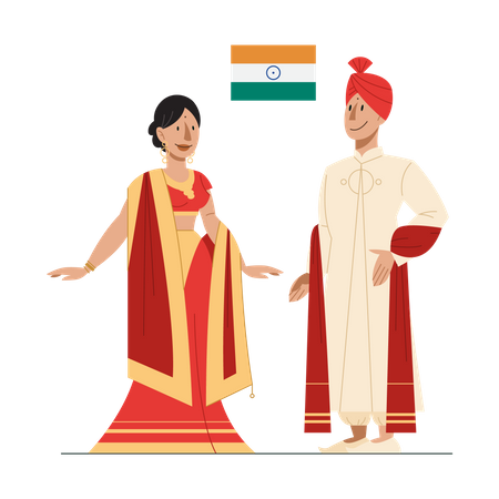 Cidadão da Índia em traje nacional com bandeira  Ilustração