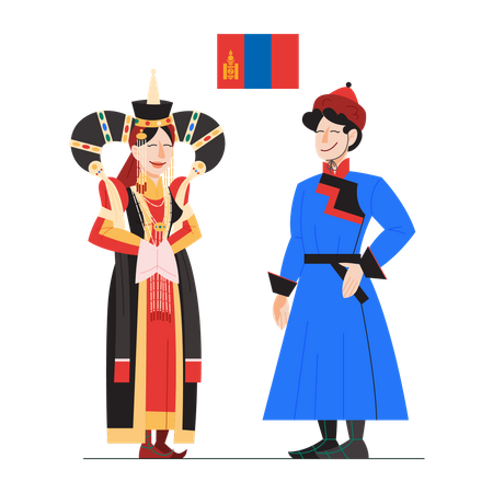 Cidadão da Mongólia em traje nacional com bandeira  Ilustração