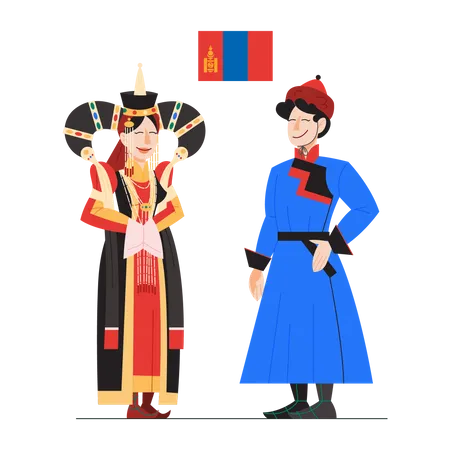 Ilustracao Vetorial De Cidadao Da Mongolia Em Traje Nacional Com Uma Bandeira Homem E Mulher Com Roupas Tradicionais Masculino E Feminino Usando Vestido Etnico Ilustracao Plana Vetorial Ilustração
