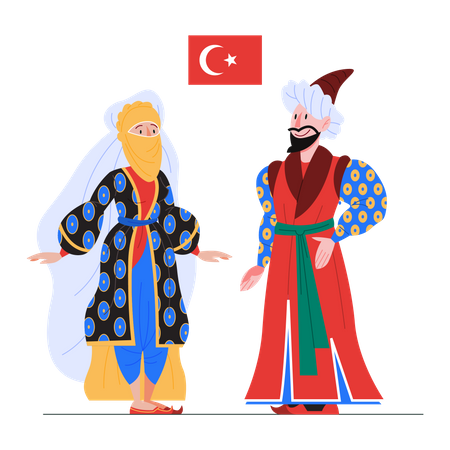 Cidadão da Turquia em traje nacional com bandeira  Ilustração