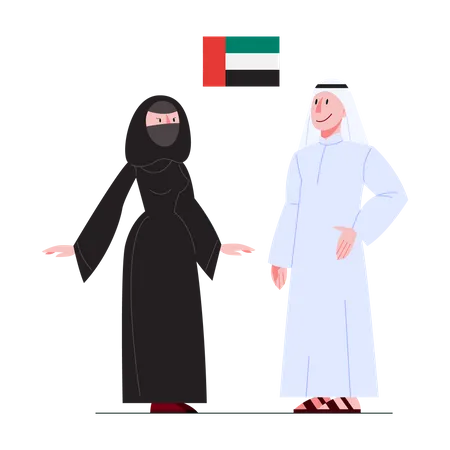 Ilustracao Vetorial De Cidadao Dos Emirados Arabes Unidos Em Traje Nacional Com Uma Bandeira Homem E Mulher Com Roupas Tradicionais Masculino E Feminino Usando Vestido Etnico Ilustracao Plana Vetorial Ilustração