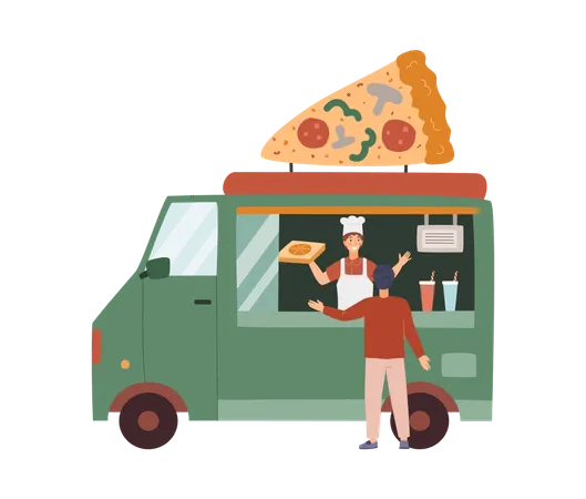 Comida de rua da cidade Pizza wagon ou caminhão  Ilustração