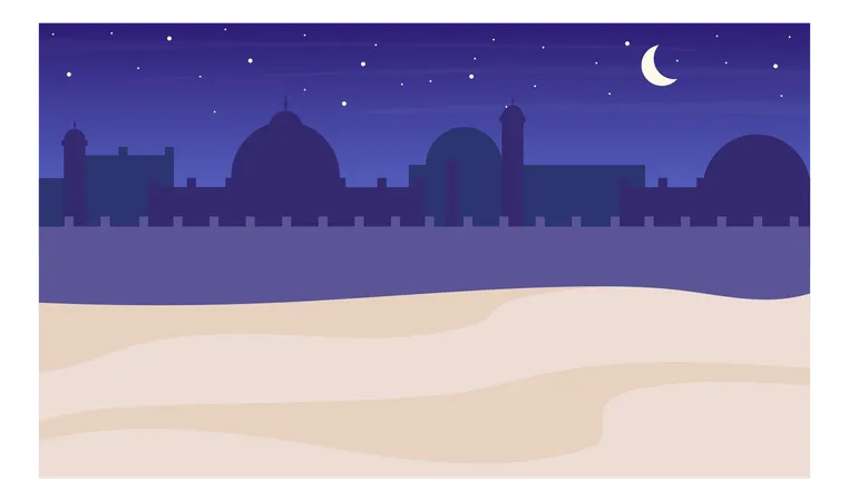 Cenário noturno da silhueta da cidade no deserto  Ilustração