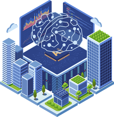 Cidade inteligente alimentada por tecnologia de rede neural cerebral AI  Ilustração