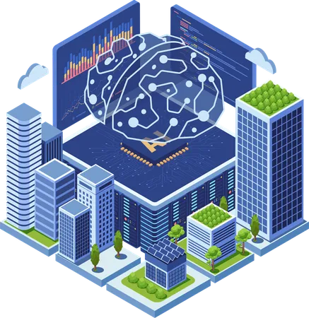 Cidade inteligente alimentada por tecnologia de rede neural cerebral AI  Ilustração