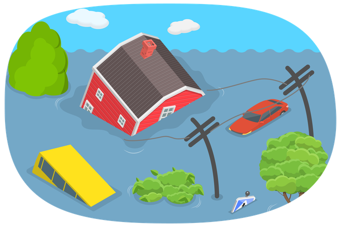 Cidade inundada e perigo climático  Ilustração