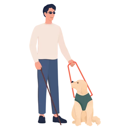 Ciego caminando con la ayuda de un perro guía  Ilustración