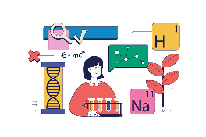 Cientista de laboratório científico pesquisa sobre produtos químicos  Ilustração