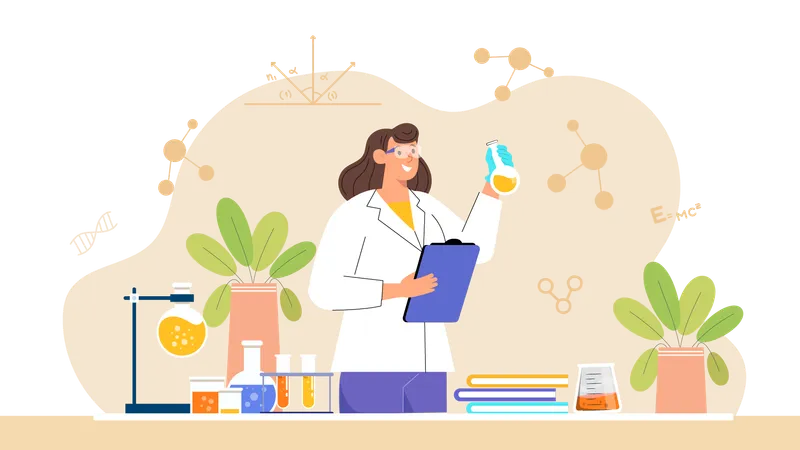 Científica femenina observando química  Ilustración