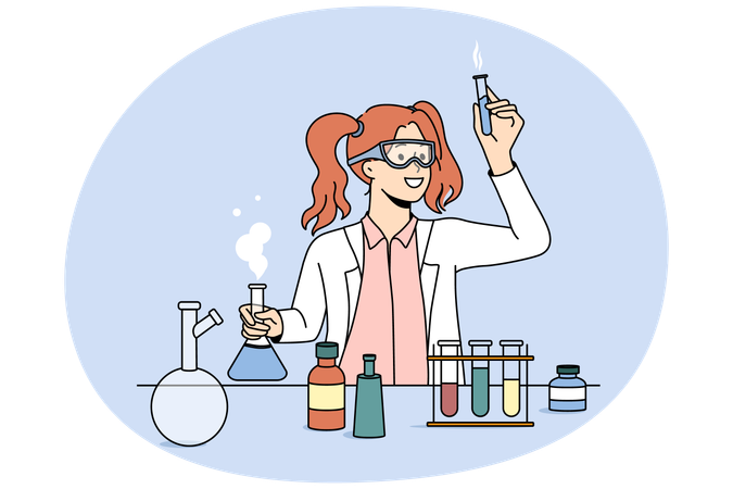 Científica trabajando con tubos en el laboratorio  Ilustración
