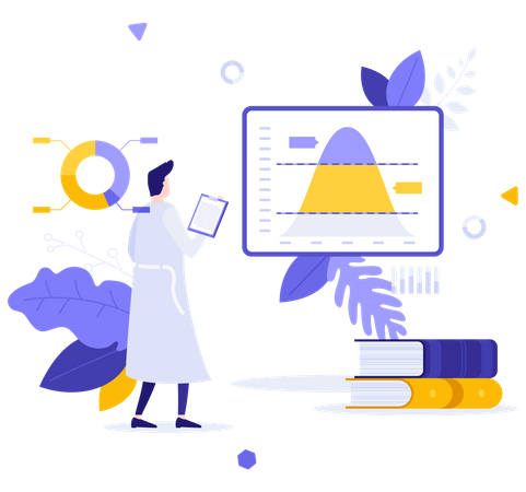 Científico analizando la distribución gaussiana  Ilustración