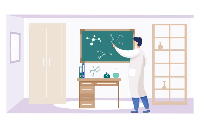 Científico aprendiendo nueva fórmula química  Ilustración