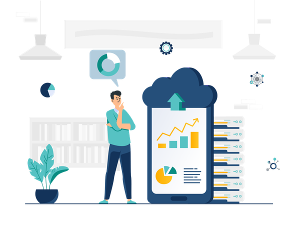 Científico de datos masculino haciendo análisis de datos en la nube  Ilustración