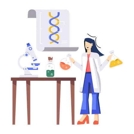 Científico de laboratorio realizando un experimento de ADN  Ilustración