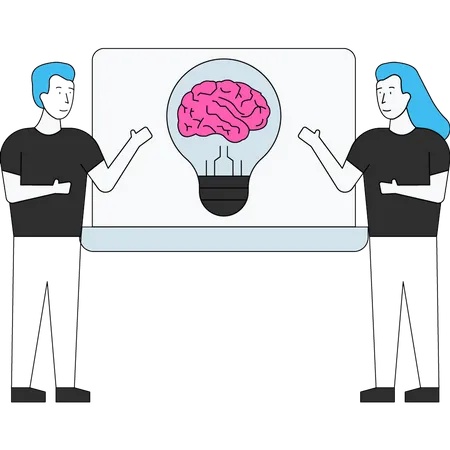 Científico discutiendo sobre el cerebro de IA  Ilustración