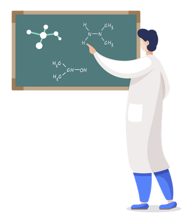 Científico escribiendo una fórmula molecular en una pizarra  Ilustración