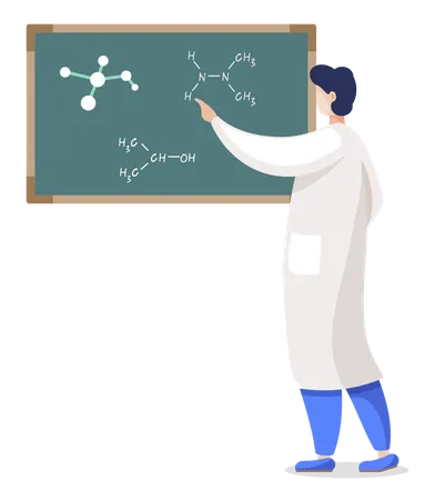 Científico escribiendo una fórmula molecular en una pizarra  Ilustración