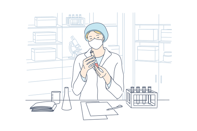 El científico está investigando sobre productos químicos.  Ilustración