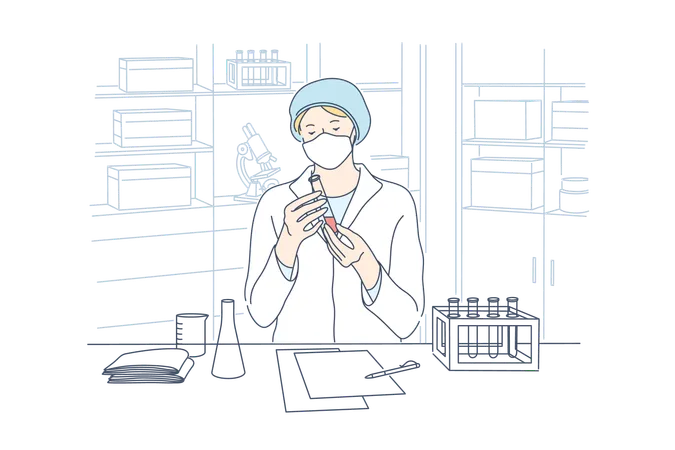 El científico está investigando sobre productos químicos.  Ilustración