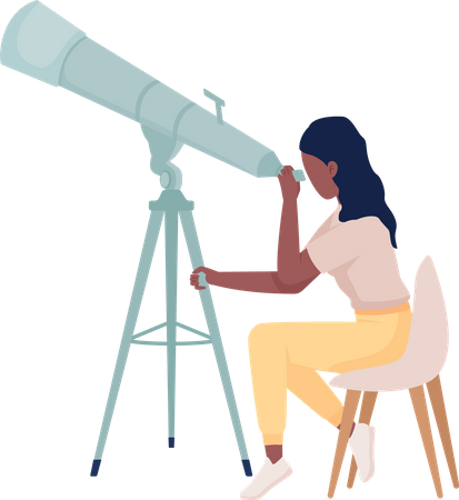 Científico estudiando estrellas con telescopio.  Ilustración