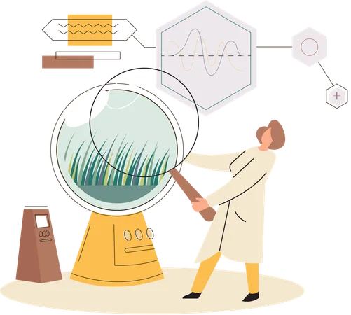 Científico examinando especies de plantas usando lupa  Ilustración