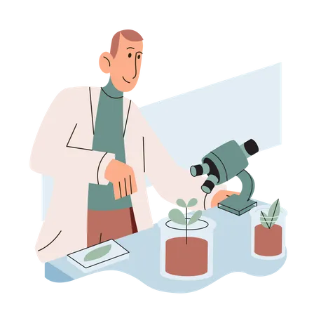 Científico examinando especies de plantas utilizando un microscopio de laboratorio  Ilustración