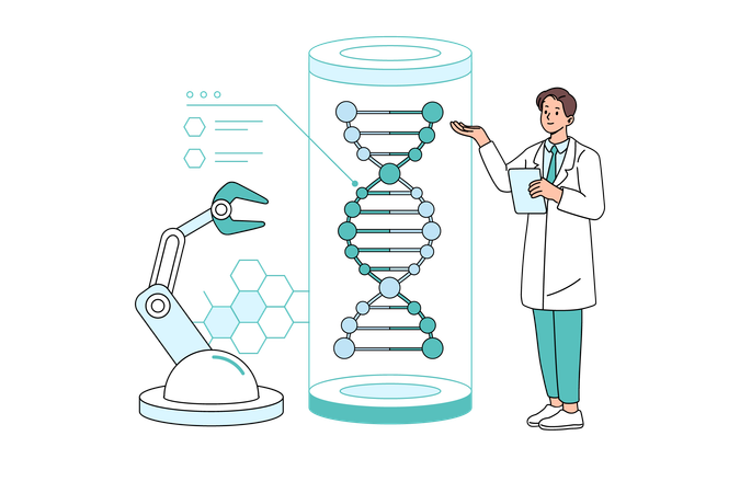 Científico explicando sobre ingeniería genética  Ilustración