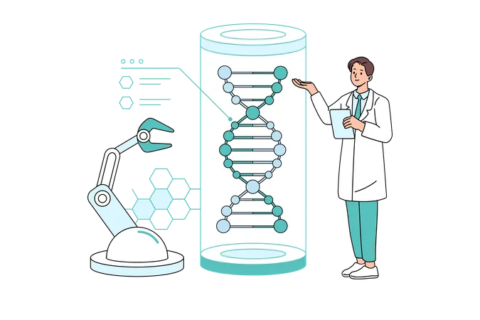 Científico explicando sobre ingeniería genética  Ilustración