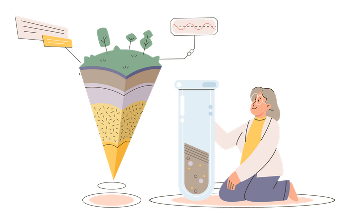 Científico realizando experimentos sobre la calidad del suelo.  Ilustración