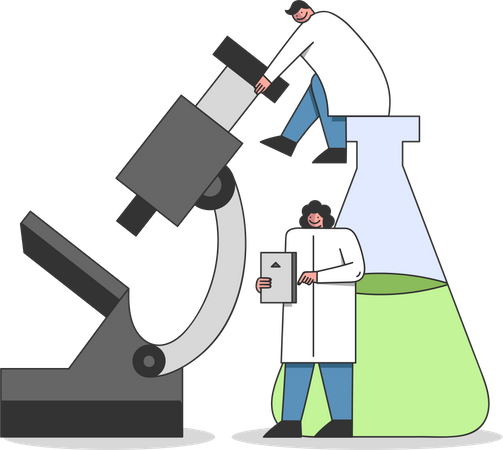 Científico haciendo experimento dentro del microscopio  Ilustración