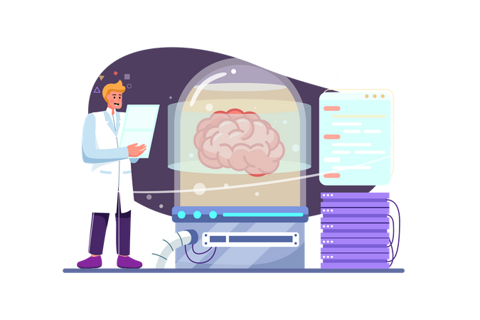 Científico haciendo experimento sobre el cerebro  Illustration