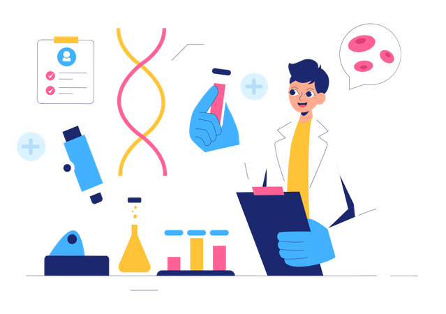 Científico haciendo pruebas de laboratorio sobre sustancias químicas  Ilustración