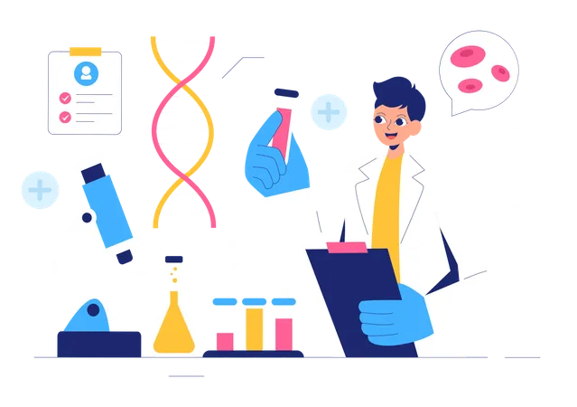 Científico haciendo pruebas de laboratorio sobre sustancias químicas  Ilustración