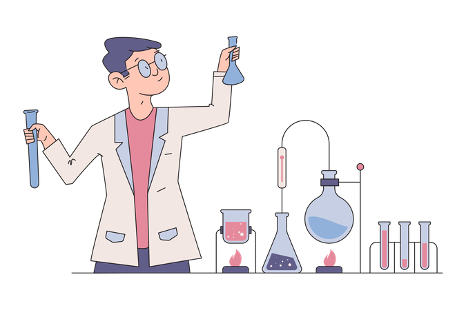 Científico masculino haciendo experimento químico  Ilustración