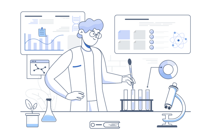 Científico masculino haciendo investigaciones en el laboratorio  Ilustración