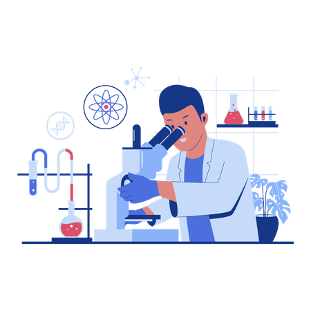 Científico masculino mirando a través de un microscopio en un laboratorio  Ilustración