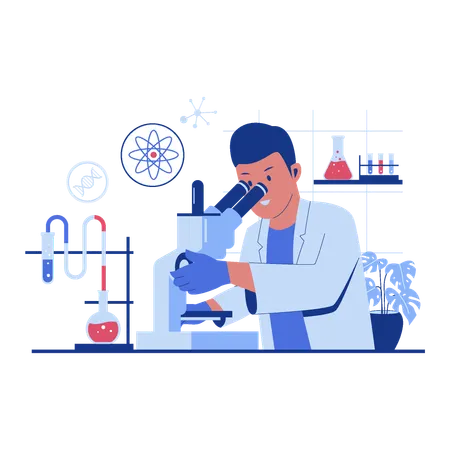 Científico masculino mirando a través de un microscopio en un laboratorio  Ilustración